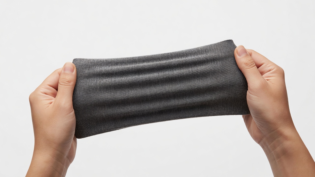 Demonstrating fabric stretch test by pulling fabric in different directions