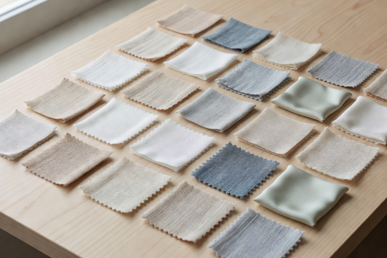 Collection of fabric swatches in various textures and colors