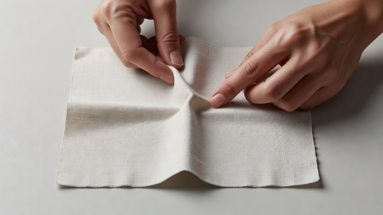 Fabric being folded to test stiffness and crease behavior