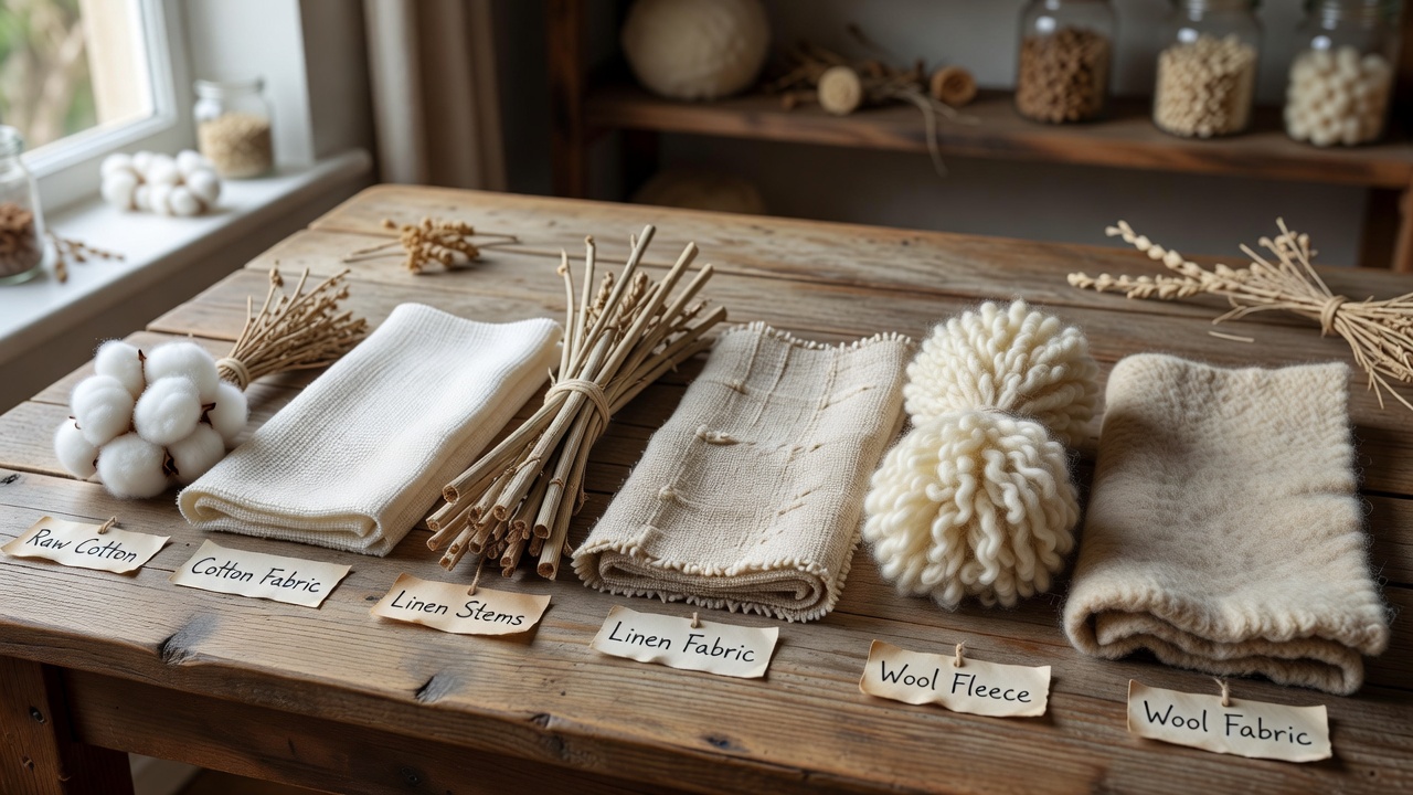 Natural fiber fabric samples showing cotton, linen, and wool side by side