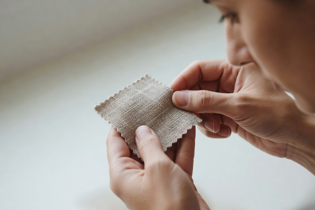 Hands examining a fabric swatch closely during observation