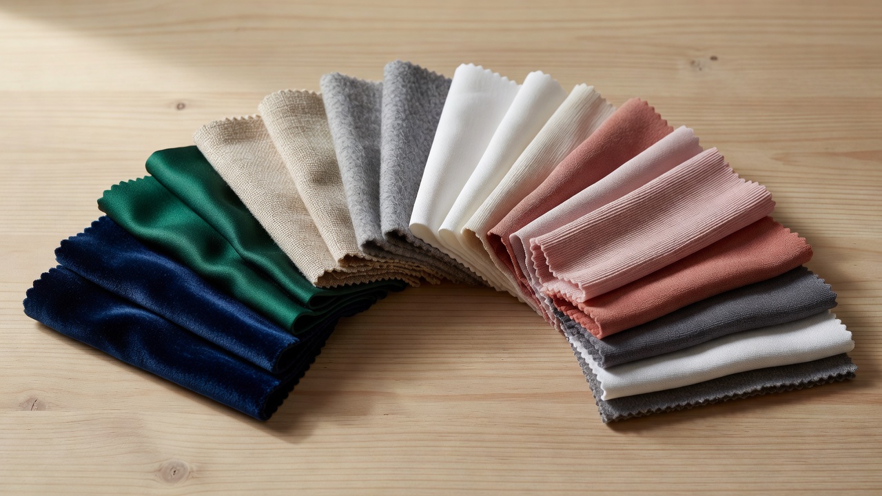 Fabric swatches fanned out in an organized arrangement showing multiple textures
